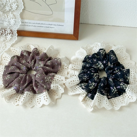 Floral Lace Scrunchie French Style Large Chiffon Hair Tie Vintage Floral Elastic Hair Band Women Elegant Fashion Hair Accessory
