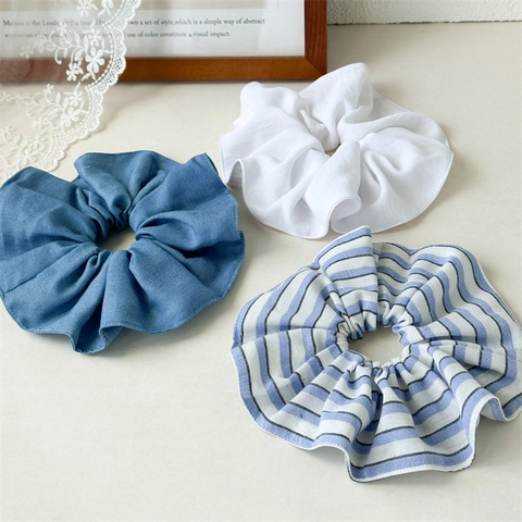 Elastico per Capelli Grande in Misto Cotone Lino a Righe Semplice Plissettato Supporto per Coda di Cavallo per Donna