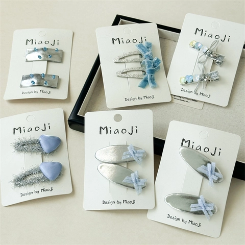2 Stück Koreanischer Stil Blau Silber Schleife Stern Herz Haarspangen Strass Stoff Glitzer Entenschnabel Clip Für Damen Schmuck