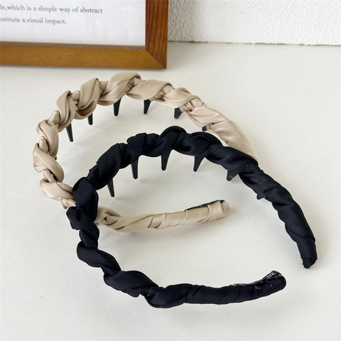 Elegant Satin Twisted Braid Headband Anti-Slip Comb Teeth High Crown Hair Hoop Solid Color Hairband For Women Accessory