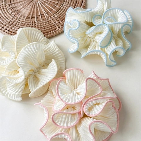French Style Pleated Satin Scrunchie With Contrast Color Piping Wood Ear Edge Elegant Elastic Hair Band Ponytail Holder