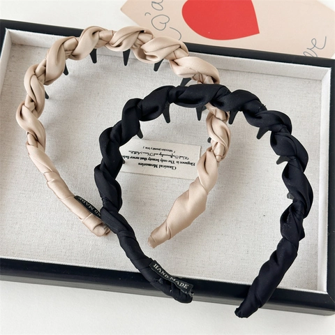 Elegant Satin Twisted Braid Headband Anti-Slip Comb Teeth High Crown Hair Hoop Solid Color Hairband For Women Accessory
