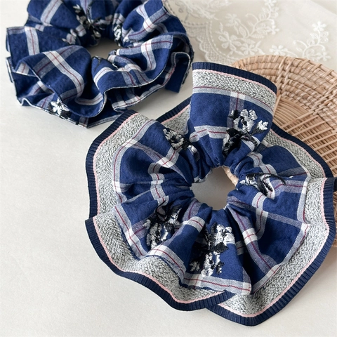 Elastico per Capelli Grande Blu Plaid di Lusso Ricamo Floreale Fatto a Mano Increspato Accessori per Capelli Donna