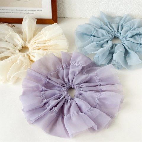 Chouchou Géant en Maille d'Organza Style Cour Française avec Volants en Dentelle Fait à la Main Élastique de Queue de Cheval pour Femme
