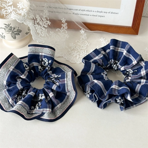 Elastico per Capelli Grande Blu Plaid di Lusso Ricamo Floreale Fatto a Mano Increspato Accessori per Capelli Donna