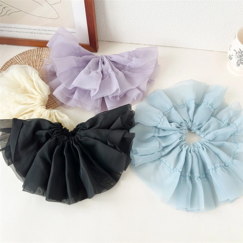 Chouchou Géant en Maille d'Organza Style Cour Française avec Volants en Dentelle Fait à la Main Élastique de Queue de Cheval pour Femme