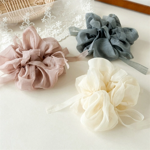 Women Elegant Mesh Jumbo Scrunchie With Ribbon Bow Solid Color High Elasticity Hair Tie Fashion Hair Accessory For Daily Wear