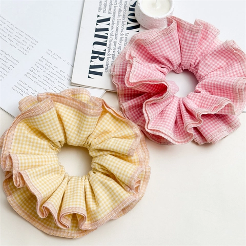 Scrunchies in Tessuto a Quadretti Gingham Grandi Per Donna Stile Coreano Elastici Per Capelli Fatti a Mano Moda Accessori