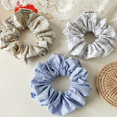 Chouchou en Tissu à Carreaux de Style Coréen Avec Strass Rétro Élastique de Haute Qualité Accessoire de Coiffure pour Femmes