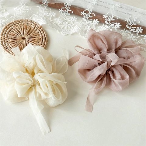 Women Elegant Mesh Jumbo Scrunchie With Ribbon Bow Solid Color High Elasticity Hair Tie Fashion Hair Accessory For Daily Wear