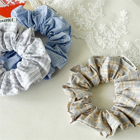 Chouchou en Tissu à Carreaux de Style Coréen Avec Strass Rétro Élastique de Haute Qualité Accessoire de Coiffure pour Femmes