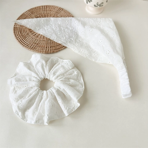 Fazzoletto Triangolare E Scrunchie In Pizzo Bianco Ricamo Floreale Stile Pastorale Fatto A Mano Accessorio Per Capelli