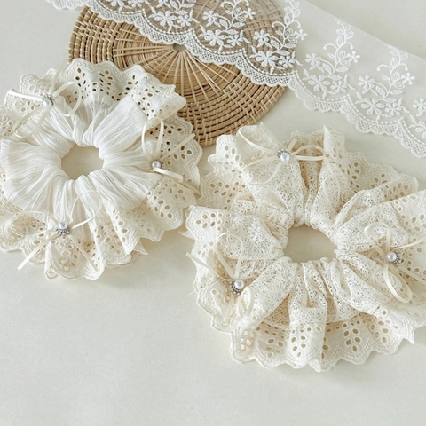 Handmade French Vintage Lace Scrunchies For Women Ballet Style Hollow Out Large Hair Ties With Artificial Pearl Bow Knot