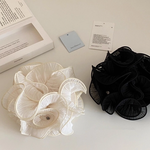 Elegante Große Plissee Organza Blumen Haargummi Für Damen Koreanischen Stil Stoff Haarseil Mit Strass Haarschmuck