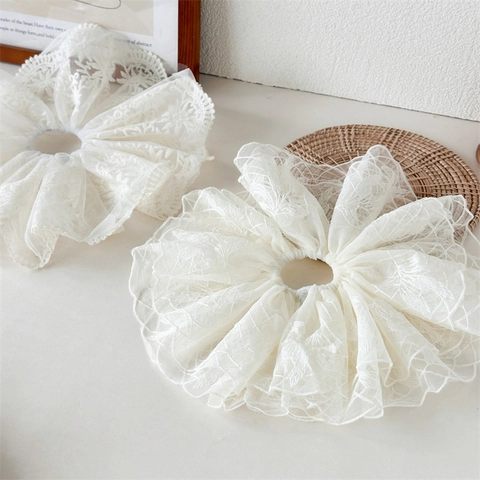 Französische Vintage Übergroße Spitze Besticktes Haargummi Cremeweiß Netz Blumen Haarband Für Damen Urlaub Styling Zubehör