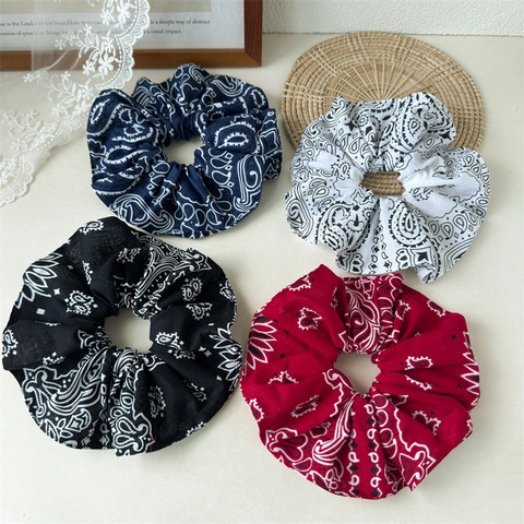 Paisley Print Fabric Scrunchie Vintage Elastic Hair Tie Bandana Style Oversized Headwear For Women
