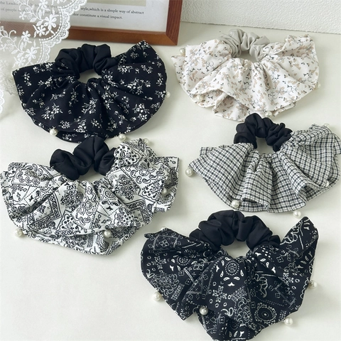 Scrunchie in Tessuto Floreale Paisley Vintage Con Finta Perla Artificial Elegante Grande Elastico per Capelli per Donna Stile Casual Accessorio