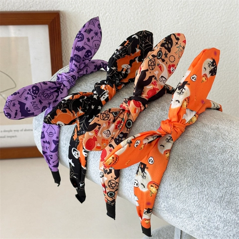 Halloween Konijnenoren Haarband Stof Bedrukt Pompoen Geest Skelet Strik Haarband Voor Vrouwen Feest Kostuum Decoraties Accessoires