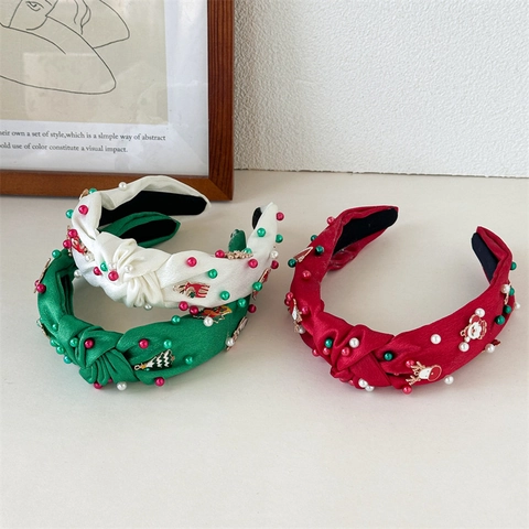 Serre-tête en Satin à Nœud de Noël Avec Künstliche Perles d'Imitation Pendentifs Émaillés Renne Père Noël Bandeau Large Festif pour Femmes Accessoires Cheveux Fête