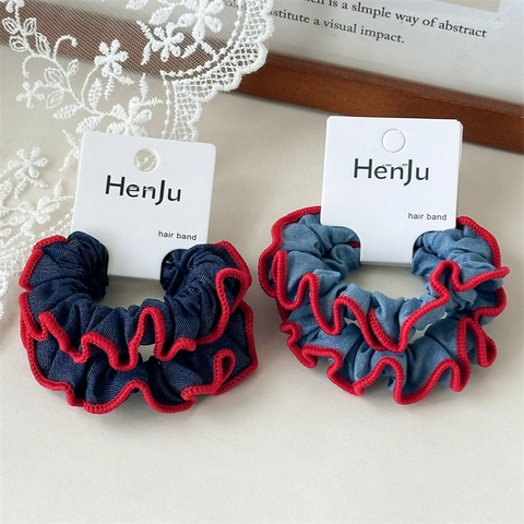 Coleteros de Tela Denim Con Borde Volante Rojo Gomas para el Pelo Alta Elasticidad Dulce Azul Soporte Coleta Mujer Accesorios Cabello Moda
