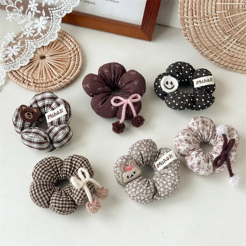 Coleteros de Flores Dulces de Otoño Invierno para Niñas Algodón Marrón Oso Lazo Gomas para el Pelo Accesorios