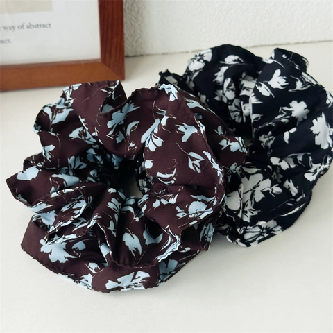Elegante Scrunchie in Tessuto con Stampa Floreale Stile Coreano Grande Elastico per Capelli Plissettato Fatto a Mano per Donna