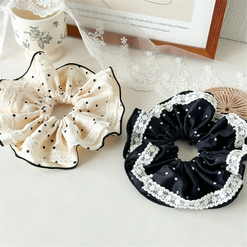 Französische Vintage Satin Haargummis Mit Punkten Für Damen Elegante Übergroße Spitzenbesatz Haarbänder Elastische Haarschmuck