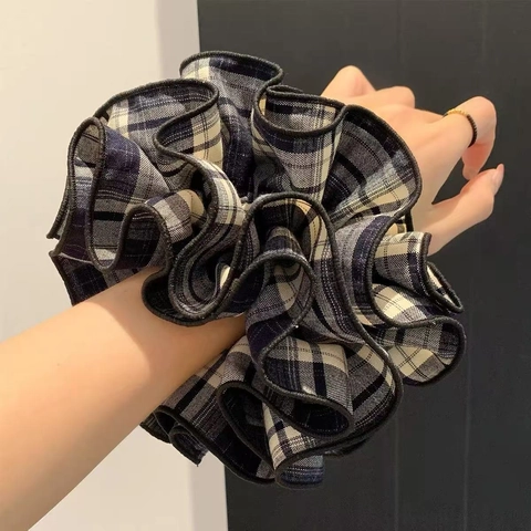 Coleteros de Tela Extragrandes de Cuadros Retro Coreanos para Mujer Moda Lazos Elásticos Grandes Plisados Accesorios para el Cabello
