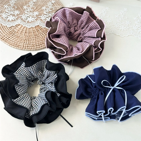 Coleteros a Cuadros con Lazo Extragrande de Estilo Coreano Color de Contraste de Doble Cara Elegantes Gomas de Pelo para Mujer