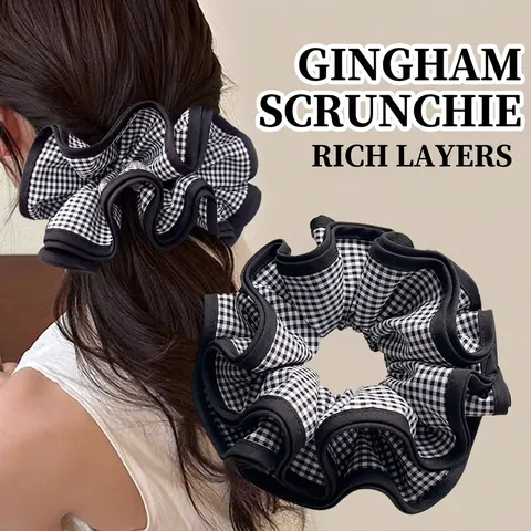 Oversized Checkered Fabric Scrunchie Four Layer Pleated Hair Tie Korean Gingham Pattern Hair Rope For Women Daily Accessories