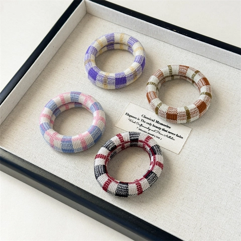 Chouchous Plaid Tricotés Haute Élasticité pour Femmes Attaches de Cheveux en Polyester Sans Couture Support de Queue de Cheval Retro