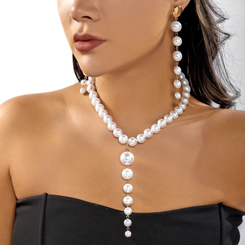 Vintage Artificial Pearl Jewelry Set Gold Tone Alloy Y-Shaped Tassel Necklace And Long Linear Drop Earrings For Women