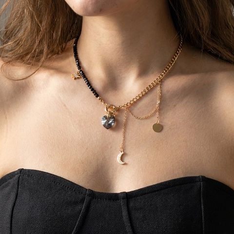 Collana con Ciondolo a Cuore Cool Girl in Stile Europeo e Americano in Lega Strass Stella Luna Croce Nappa Girocollo Gioielli Regalo per Donna