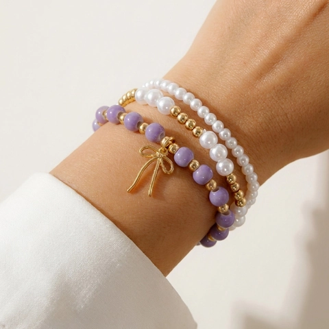 Pulseras de Perlas Artificiales de Moda Con Lazo Para Mujer Cuentas de Aleación Cerámica Diseño de Nicho Dulce Joyería Regalo