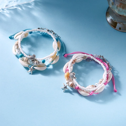 Bohemian Beach Shell Starfish Turtle Beaded Bracelet Anklet Set For Women Summer Vacation Jewelry With Alloy Conch Charms