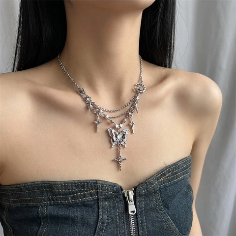 Collier Multicouche Tendance Y2K Papillon Étoile Lune Gland Alliage Strass Style Punk Gothique Choker Bijoux Mode Femme