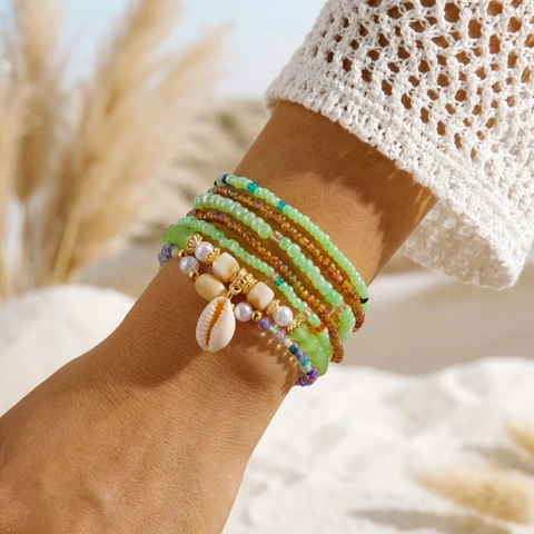 Bohemian Multi-Layer Beaded Bracelet Set For Women Beach Vacation Colorful Shell Pendant Resin Artificial Pearl Stretch Jewelry