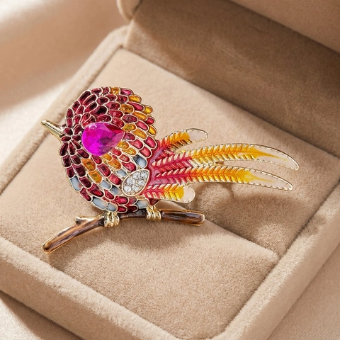 Broche Oiseau en Alliage Émaillé Vintage Élégant Strass Animal Breastpin Pour Femme Pull Manteau Écharpe Bijoux