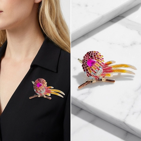 Broche Oiseau en Alliage Émaillé Vintage Élégant Strass Animal Breastpin Pour Femme Pull Manteau Écharpe Bijoux