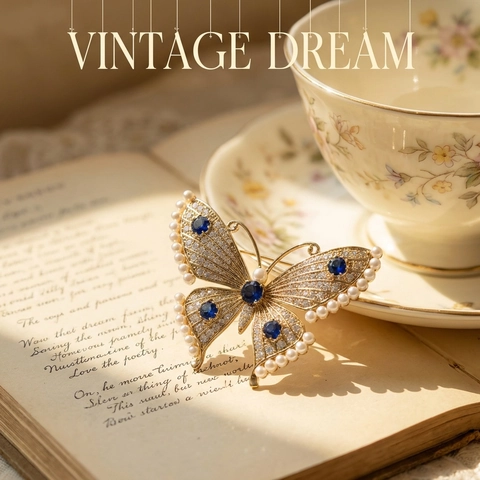 Broche de Mariposa Estilo Francés Vintage para Mujer Aleación de Oro con Diamantes de Imitación Azules Perla Artificial