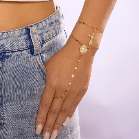 Y2K Byzantinisch Vintage Gold Silber Legierung Strass Kreuz Finger Armband Für Damen Religiöse Medaillon Sklaven Handkette Schmuck