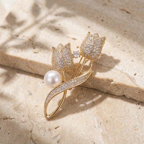 Elegante Spilla a Forma di Tulipano in Lega per Donna Con Strass e Perla Artificiale Spilla a Tulipano per Cappotto