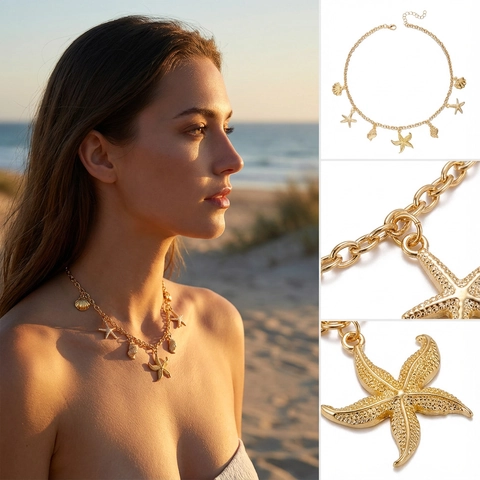 Collana con Ciondolo a Stella Marina e Conchiglia in Lega Dorata per Donna Gioielli da Spiaggia per le Vacanze