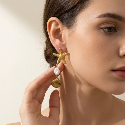 Pendientes de Borla de Aleación de Oro Bohemio Estrella de Mar Concha Perla Artificial Pendientes Colgantes de Strass Tema Océano Joyería