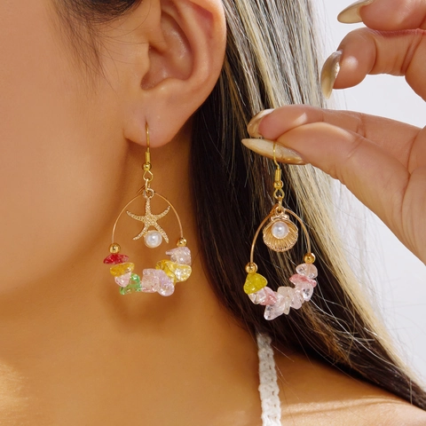 Bohemian Ocean Theme Starfish Shell Dangle Earrings Gold Alloy Faux Artificial Pearl Colorful Stone Holiday Jewelry For Women