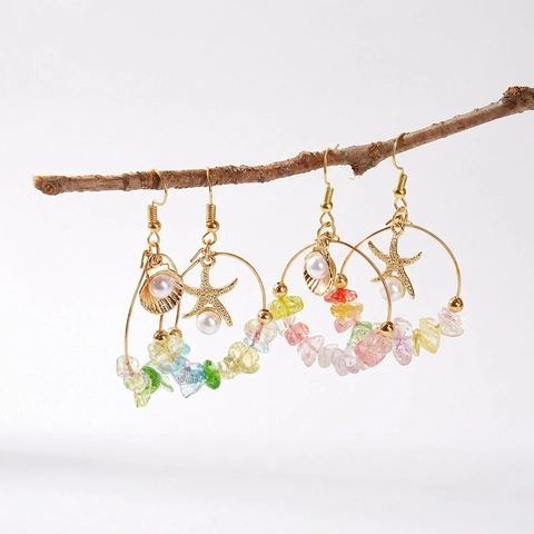 Bohemian Ocean Theme Starfish Shell Dangle Earrings Gold Alloy Faux Artificial Pearl Colorful Stone Holiday Jewelry For Women
