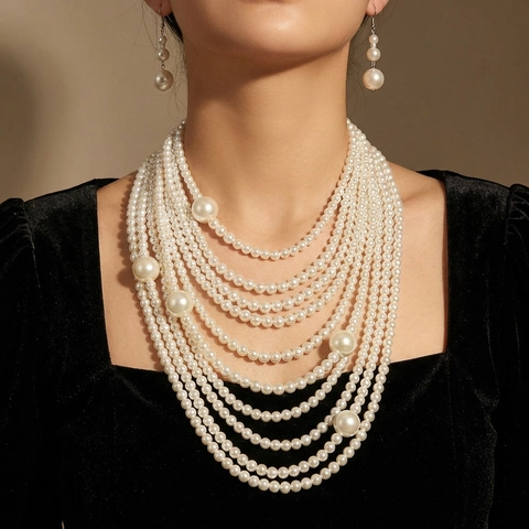 Parure de Bijoux Élégante en Alliage Imitation Künstliche Perle pour Femme Collier Multi-rangs Künstliche Perles Rondes et Boucles d'Oreilles