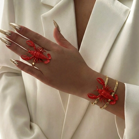 Set Gioielli Aragosta 3D Artistico Lega Smalto Oro Bracciale E Anello Per Donna Accessorio Moda Festa Stravagante