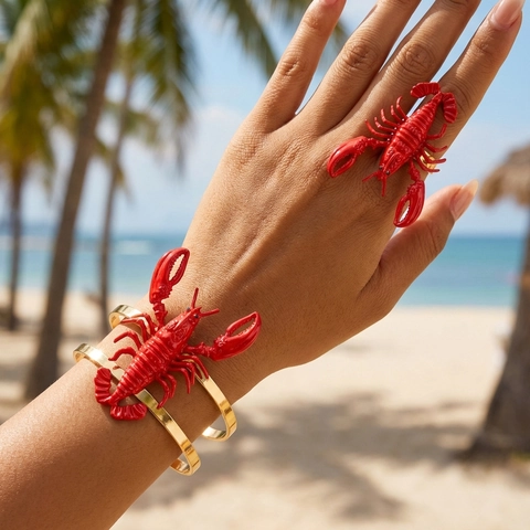 Set Gioielli Aragosta 3D Artistico Lega Smalto Oro Bracciale E Anello Per Donna Accessorio Moda Festa Stravagante