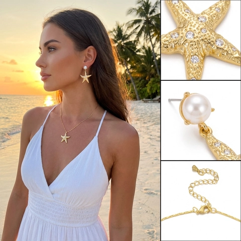 Collana E Orecchini In Lega D'Oro A Forma Di Stella Marina Con Künstliche Perle E Strass Gioielli A Tema Oceano Per Donna Accessori Per Feste In Spiaggia